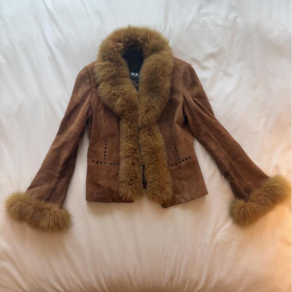 Brown suede agfhan jacket with real fox fur trim